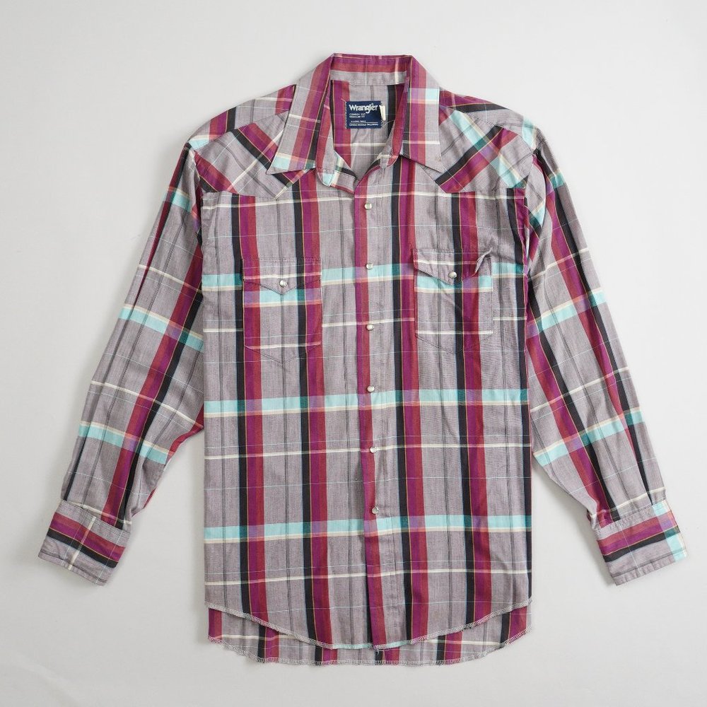 Vintage Wrangler Cowboy Cut X-Long Tails Western Pearl Snap Shirt Mens Size 17.5
